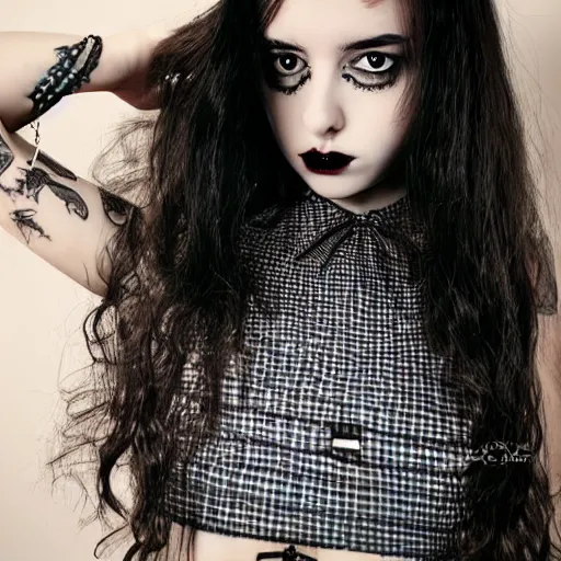 Image similar to gothic teen girl in plaid mini skirt and crop top, beautiful face, intricate, extremely detailed, modeling photography, 8 0 mm camera, dramatic lighting, dark room