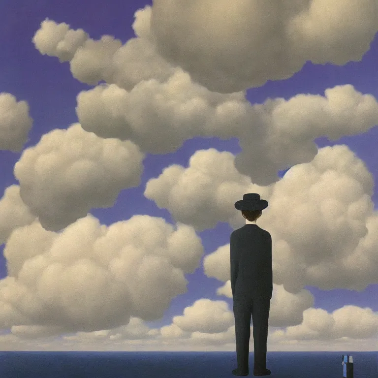 Image similar to cloud - man, by rene magritte, centered, detailed painting, hd, hq, high resolution, high detail, 4 k, 8 k