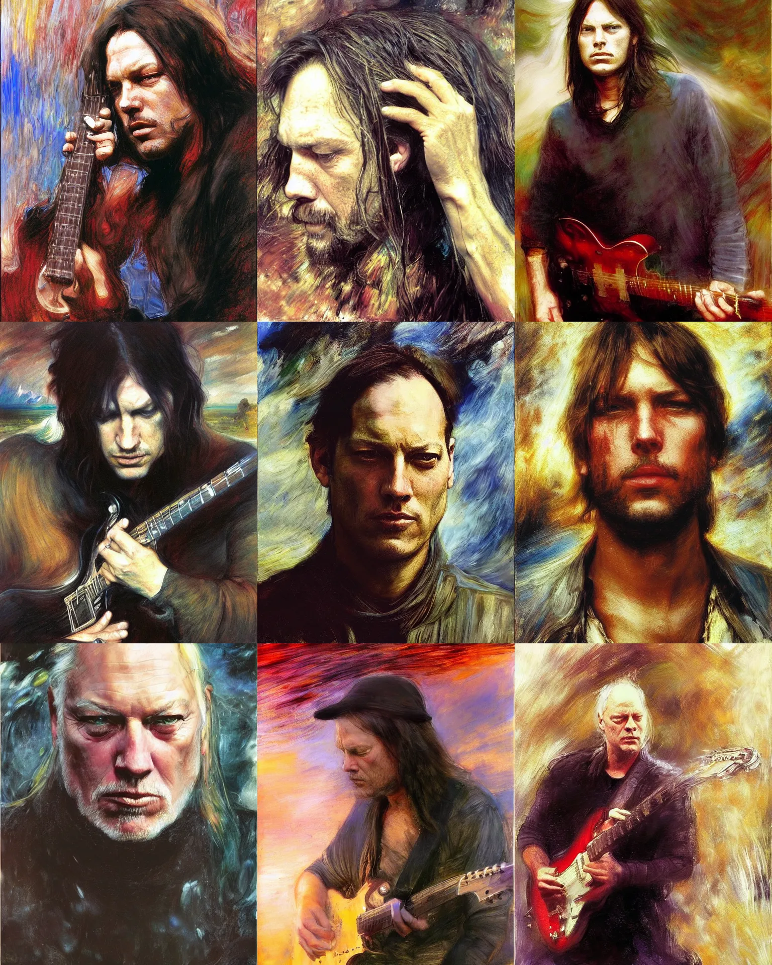 Prompt: david gilmour age 3 2 dramatic expression, plein air portrait painting by thomas moran, john william waterhouse, donato giancola, fashion photography, psychedelic