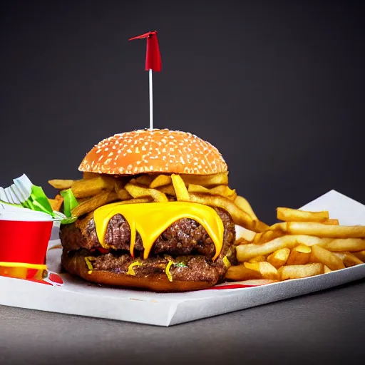 Prompt: stage photography highly detailed studio lighting food photography of a towering triple cheeseburger with melted cheese and fries on the side, stunning quality of scrumptious food