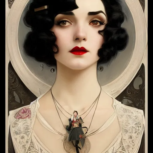 Prompt: a woman with black hair, dressed in 1920's fashion, D&D, fantasy, intricate, elegant, highly detailed, digital painting, artstation, concept art, matte, sharp focus, illustration, art by Artgerm and Greg Rutkowski and Alphonse Mucha