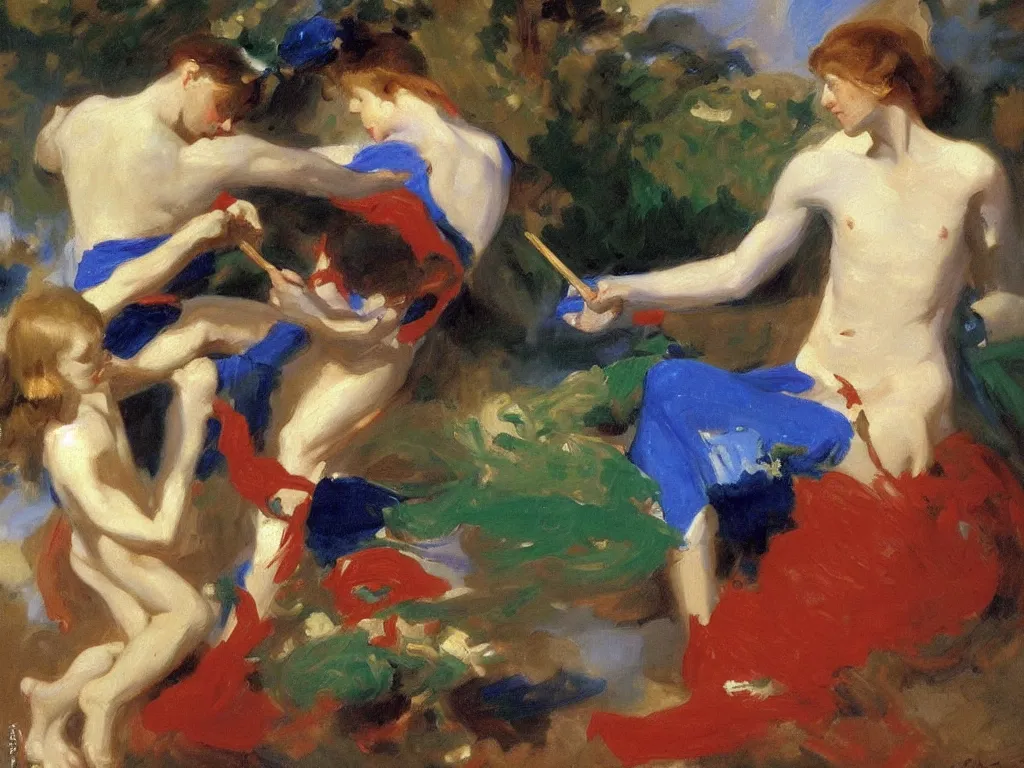 Prompt: painter fighting with lapis-lazuli, malachite, cinnabar pigments. Painting by John Singer Sargent.