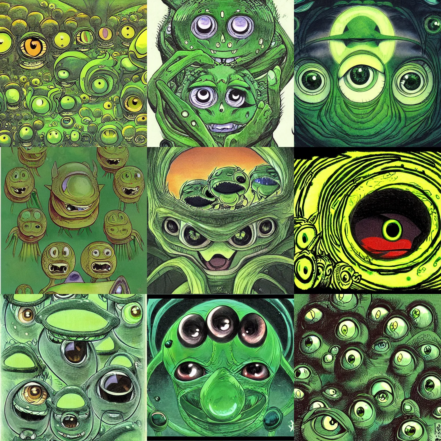 Prompt: a picture of a bunch of eyes on a green background, concept art by toriyama sekien, featured on deviantart, symbolism, official art, concept art, parallax