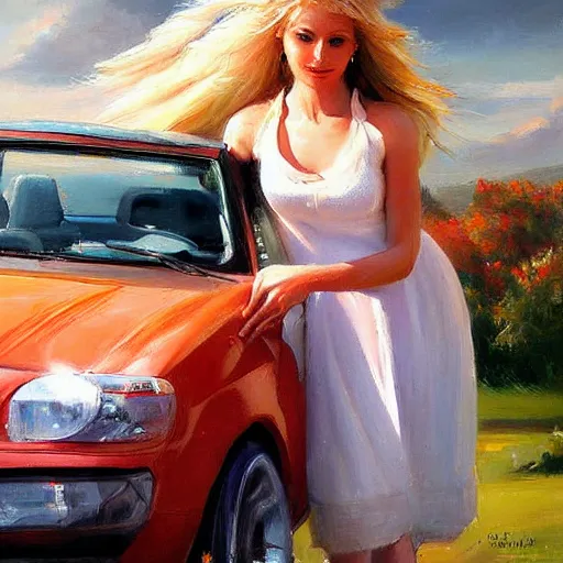 Image similar to painting volegov car blonde woman volcano