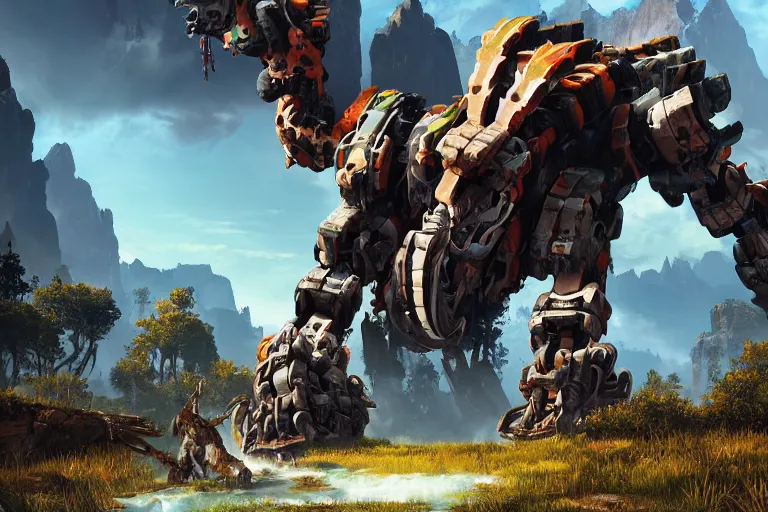 Image similar to tremortusk machine mecha animal beast robot of horizon forbidden west horizon zero dawn bioluminiscence global illumination ray tracing hdr fanart arstation by sung choi and eric pfeiffer and gabriel garza and casper konefal