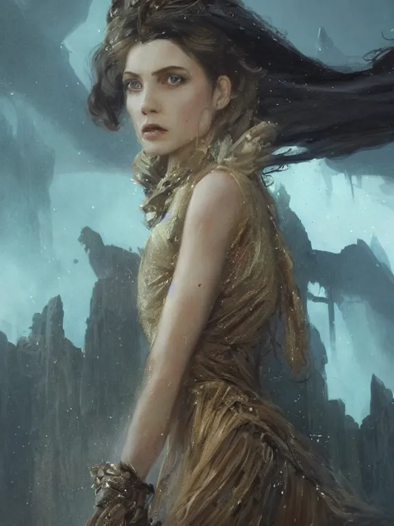 Image similar to A fancy portrait of a young Supreme witch in crowes wastland ruins,by Albert Lynch,Cynthia Sheppard,Mead Schaeffer,James Paick,Greg Rutkowski,Stephan Martiniere,trending on pinterest,Blade Runner 2049,luxury,mythological,ultra realistic,high detail,golden ratio,cinematic lighting,maximalist