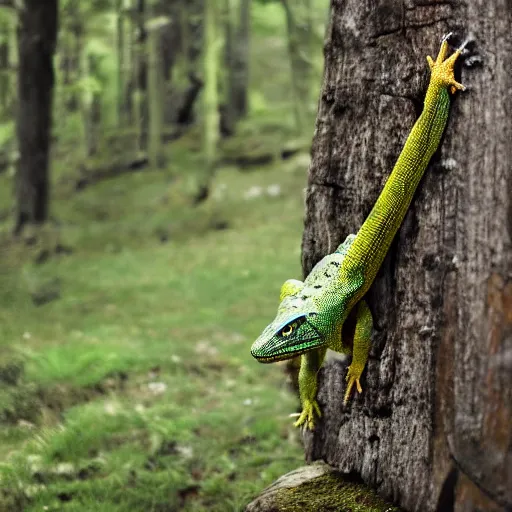 Prompt: medieval cloak wearing lizard, photograph captured in the woods