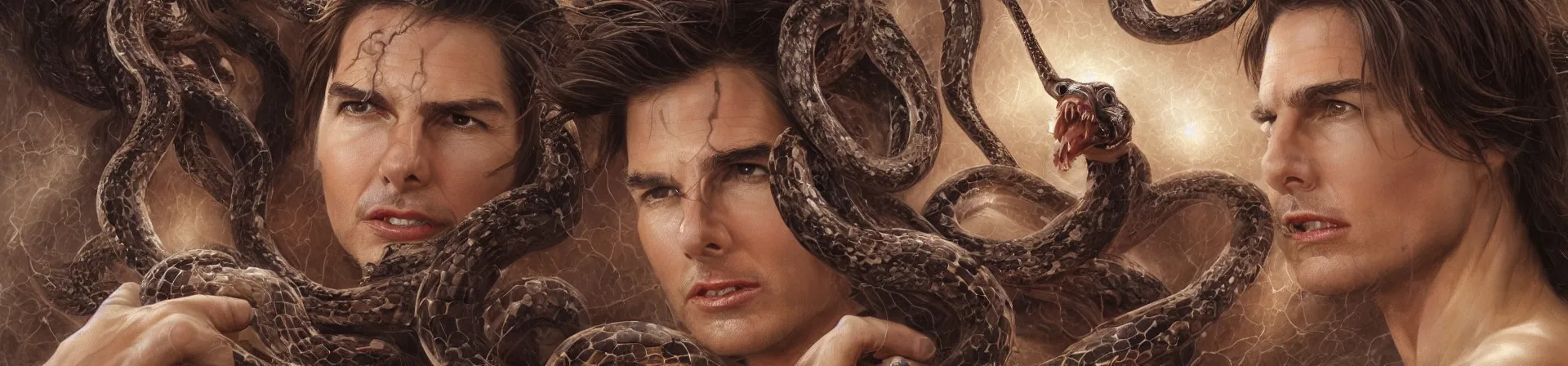 Image similar to beauty woman Tom Cruise with snakes for hair, Medusa, detailed face, surrounded by spiders, very detailed, dramatic lighting, electrical details, high details, 4k, 8k, trending on artstation, by Greg Rutkowski, Wayne Barlowe, Hajime Sorayama and Boris Vallejo