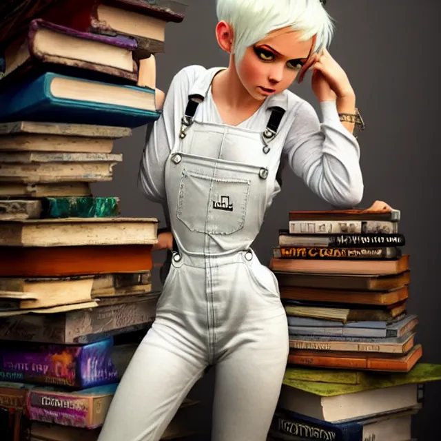 Image similar to full body pose, beautiful adult fairy, pixar, short white hair shaved sides, dirty, grungy, grunge, long sleeve, painted overalls, stacks of giant books, highly detailed, 4 k, hdr, smooth, sharp focus, high resolution, award - winning photo, artgerm, photorealistic