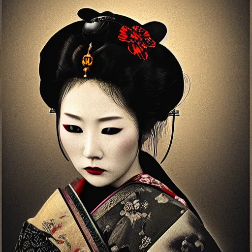 Prompt: dark art hi resolution geisha portrait yasutomo oka 8 k ultrarealistic