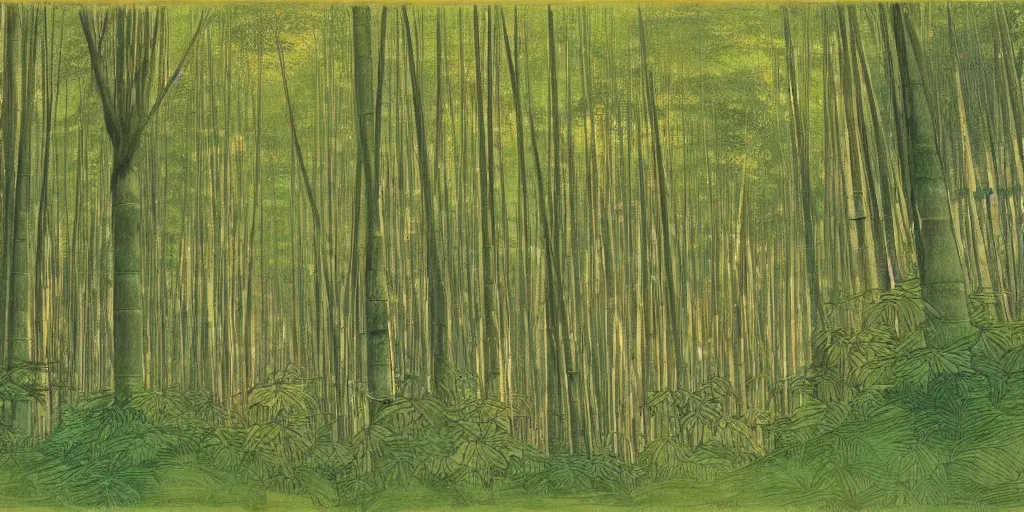 Image similar to art by john howe of the cinematic view of the sagano bamboo forest.