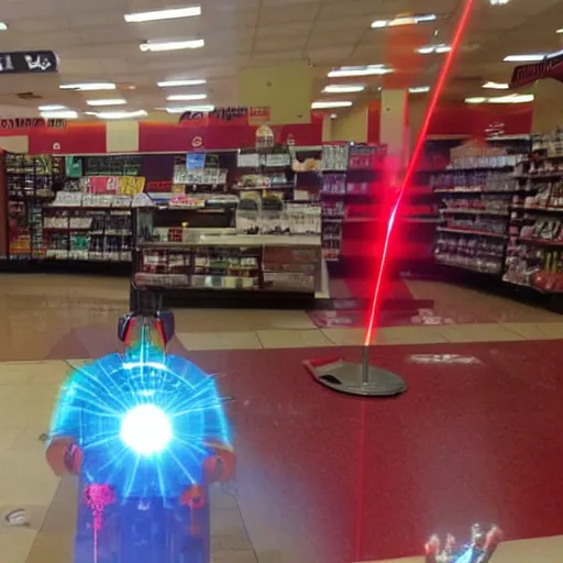 Image similar to Accidents, lasers, Iron Man working as a 7/11 cashier using a red laser scanner, cash register, red laser scanner, wide wide shot, very detailed, beautiful lighting, red laser, fire, smoke