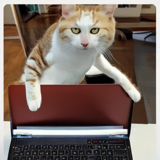 Image similar to strong muscular cat typing at the laptop giga chad cat
