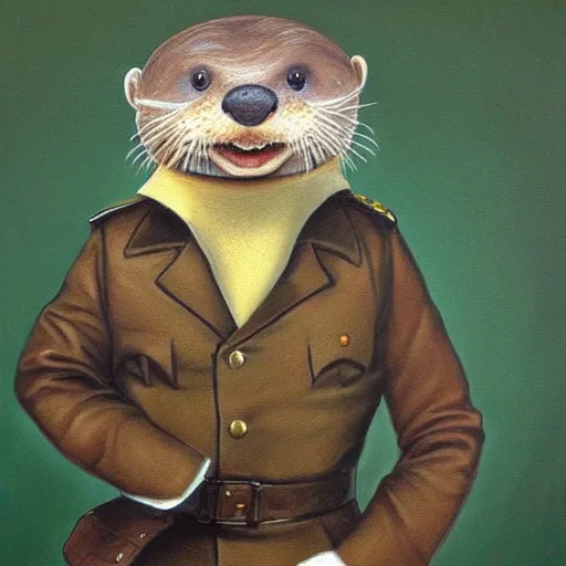 Image similar to oil painting of an anthropomorphic otter in military uniform, amazing detail, hyper realism,