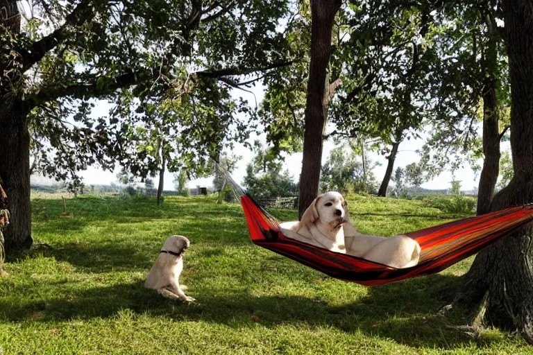 Image similar to a dog resting in the hammock