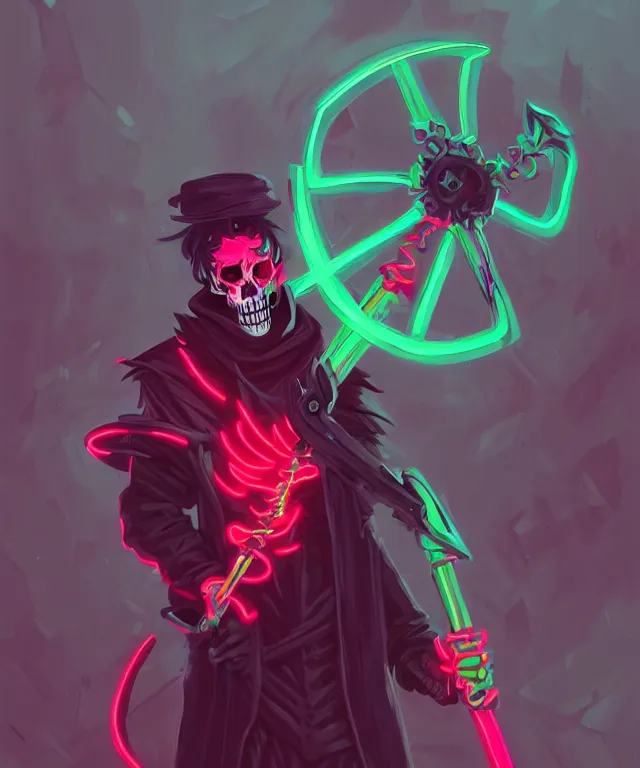 Image similar to a portrait of a neon grimm reaper holding a single scythe, fantasy, elegant, digital painting, artstation, concept art, matte, sharp focus, illustration, art by josan gonzalez