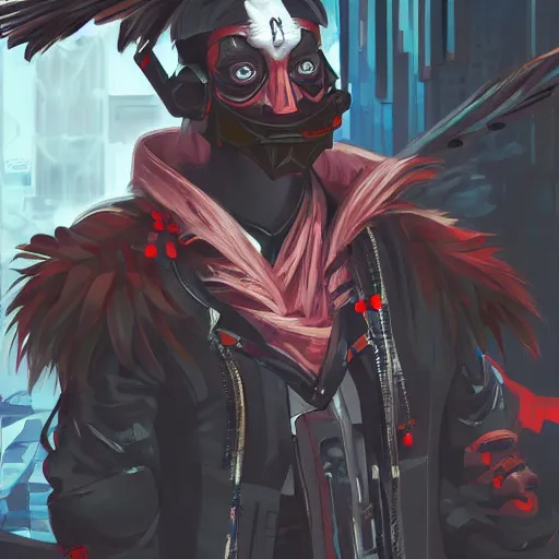 Image similar to artstation epic tengu digital painting in a cyberpunk scene, very detailed, , portrait, high contrast