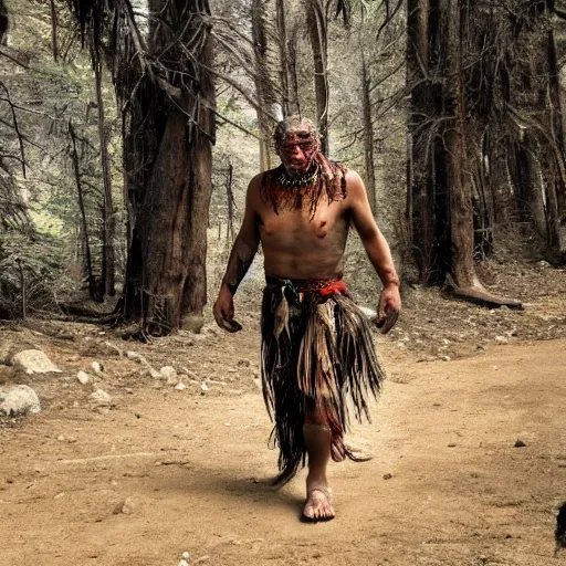 Prompt: photo of a prehistoric shaman walking in amazement on an alien planet