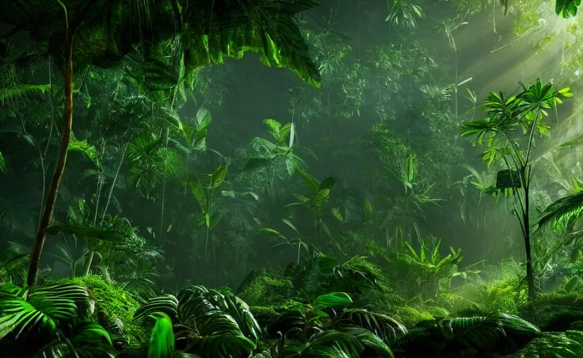 Image similar to a beautiful render of a prehistoric rainforest, lush flora, insects flying around, dark green, orange, intricate detail, god rays, hazy, humid, volumetric lighting, 8 k, photorealistic, raytracing effects, unreal engine 5