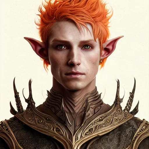 Image similar to portrait painting of a young elven man with a soft face and short light orange hair and tribal tattoos on his face wearing fur armor, ultra realistic, concept art, intricate details, eerie, highly detailed, photorealistic, octane render, 8 k, unreal engine. art by artgerm and greg rutkowski and charlie bowater and magali villeneuve and alphonse mucha