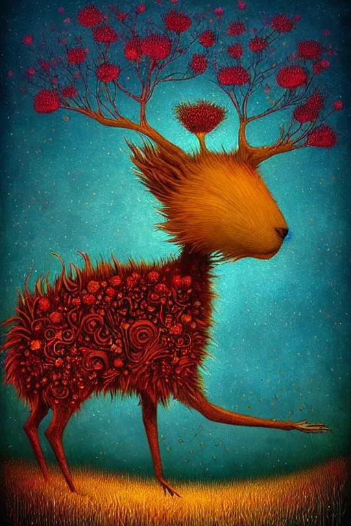 Image similar to surreal hybrid animals, fantasy, fairytale animals, flowerpunk, mysterious, vivid autumn colors, by andy kehoe