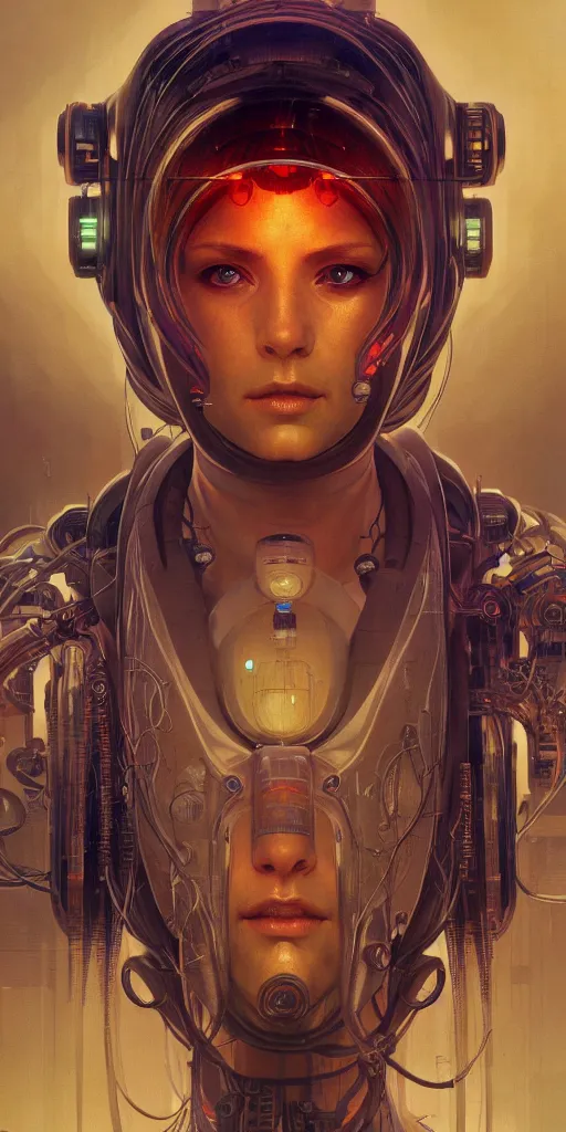Prompt: ultra detailed photorealistic cyberpunk portrait, poster, sci fi, cybernetic, wires, robotics, by alfons maria mucha, ultra realistic illustration, high detailed, 4 k, hd, high quality
