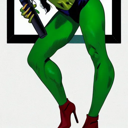 Prompt: Actress Rosario Dawson as She-Hulk, smiling, poster framed, comic pinup style, sports illustrated, detailed legs, artstation, illustration, posterized