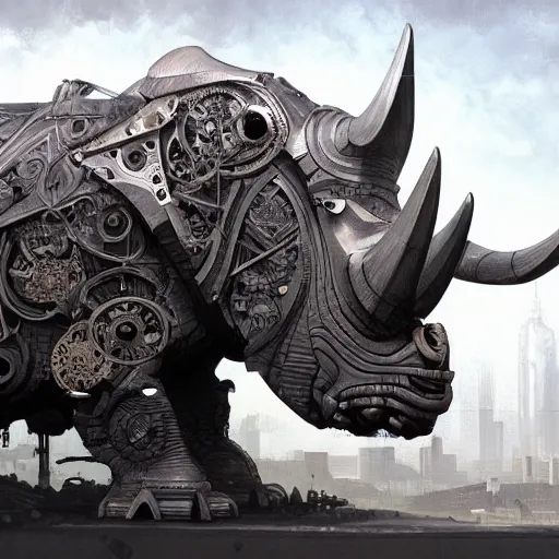 Image similar to a biomechanical rhino made of scrap metal, cyberpunk, macro, intricate, elegant, highly detailed, digital painting, artstation, biolusence, concept art, sharp focus, art by artgerm and greg rutkowski and alphonse mucha, 8 k