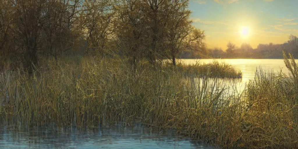 Prompt: a beautiful lake landscape in wintermood, romantic ambiente, no people, tall grown reed on riverbank, no mountains, clear sky, sunshine, colorful, by Mohrbacher and Moebius and Alphonse Mucha and Roger Deakins, cinematic lighting, masterpiece, highly detailed, 8k resolution, trending on art station