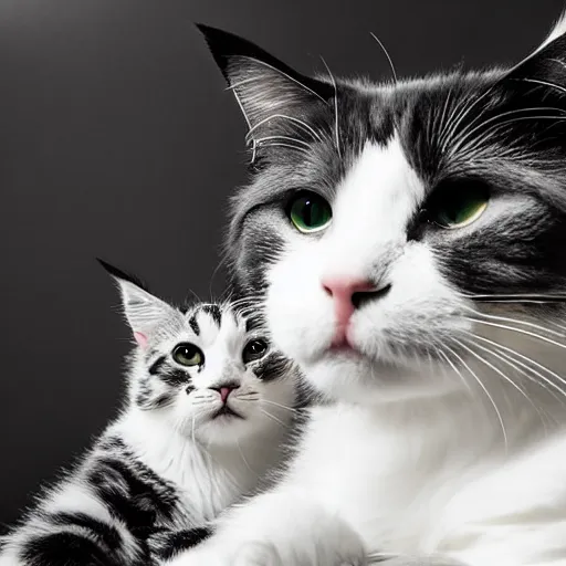 Prompt: very cute huge calico main coon plays with black-white shorthair domestic cat in office, portrait, pixar style, cinematic lighting, award winning creature portrait photography