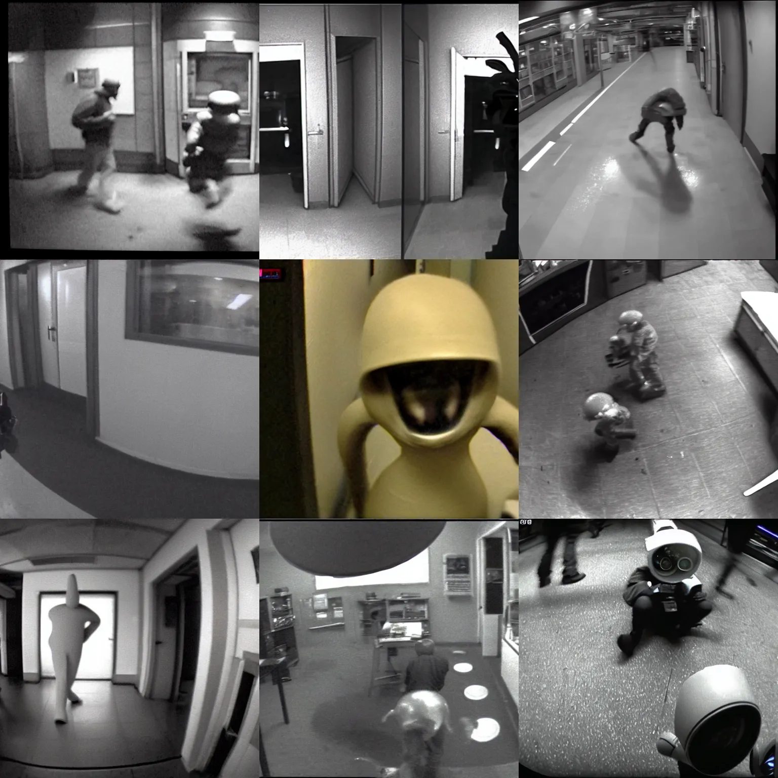 Prompt: security cam footage of an eldritch creature. mushroom humanoid bank robber