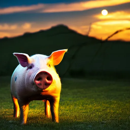 Prompt: a pig wearing a straw hat at blue hour, twilight, cool, award winning 4 k photo, twilight cool light