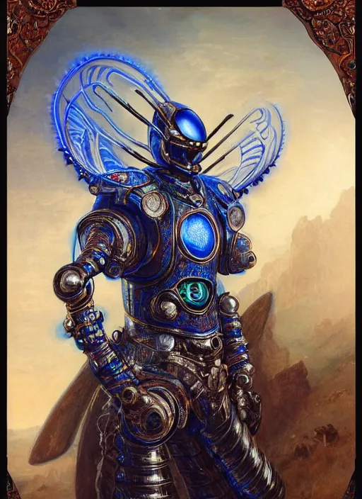 Prompt: formal portrait of a mechanical alien insect warrior wearing plate armor with blue embroidered cloak, long antennae, rows of glowing blue eyes, fantasy, digital art by eugene de blaas, ross tran, and nasreddine dinet, vibrant color scheme, intricately detailed, in the style of romanticism, cinematic, artstation, greg rutkowski