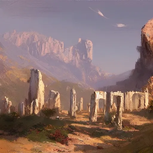 Image similar to concept art by craig mullins : an italian landscape, in the distance a small cliff of white marble can be seen. a stone henge is standig atop of the cliff