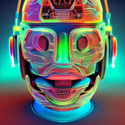 Image similar to a detailed vcyberpunk aztec rococo robot head wearing multicolored wires and headphone, 8 k, front view, symetrical, flourescent colors, halluzinogenic, multicolored, exaggerated detailed, front shot, 3 d render, octane