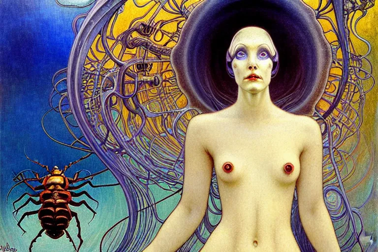 Prompt: realistic extremely detailed portrait closeup painting of a ghost woman with a beetle, futuristic sci-fi landscape on background by Jean Delville, Amano, Yves Tanguy, Alphonse Mucha, Ernst Haeckel, Edward Robert Hughes, Roger Dean, rich moody colours, blue eyes