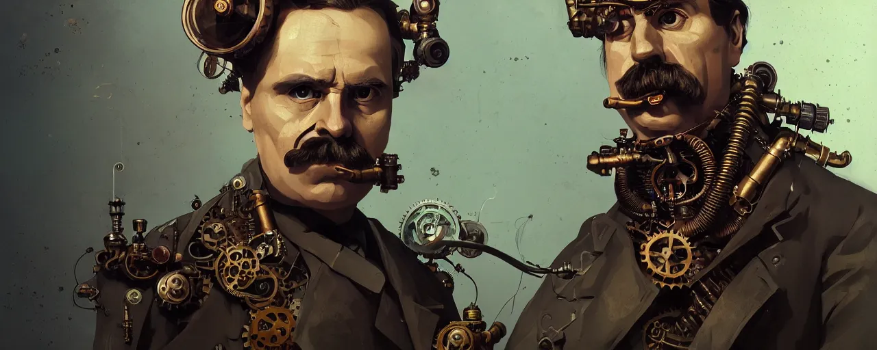 Image similar to duotone dark concept illustration 3 / 4 portrait of friedrich nietzsche as steampunk cyborg. highly detailed mechanism cinematic lighting. fibonacci golden ratio accidental renaissance. by sachin teng and sergey kolesov and ruan jia and heng z. graffiti art, scifi, fantasy, hyper detailed. octane render. concept art. trending on artstation