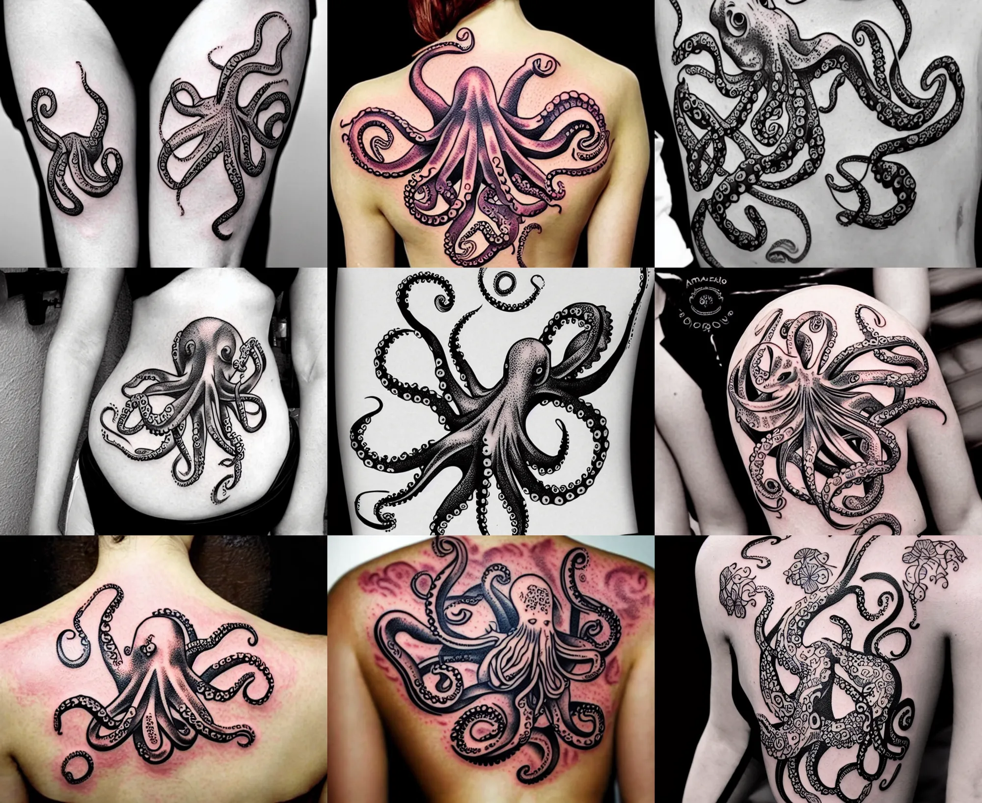 Prompt: amazing floral tattoo stencil of a cartoon octopus