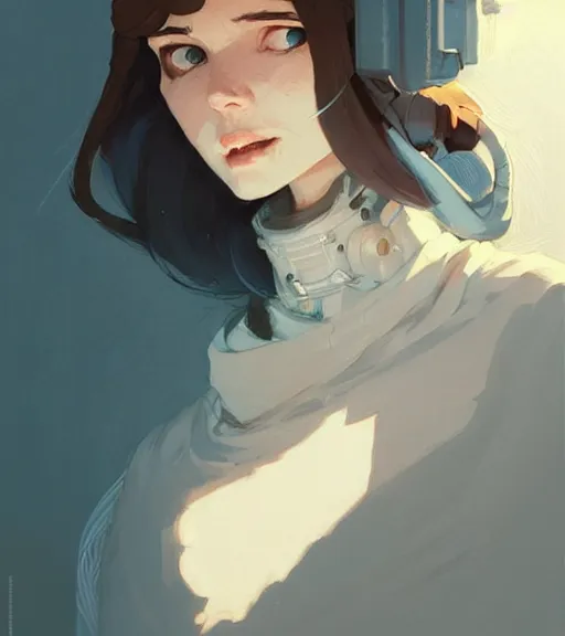 Prompt: portrait of a female cleric by atey ghailan, by greg rutkowski, by greg tocchini, by james gilleard, by joe fenton, by kaethe butcher, dynamic lighting, gradient light blue, brown, blonde cream and white color scheme, grunge aesthetic