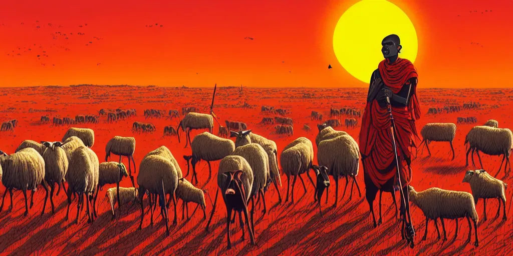 Image similar to an masai warrai guarding a herd of sheep in a large arid plain, surrounded by alien creatures while the orange sun sets. by dan mumford.