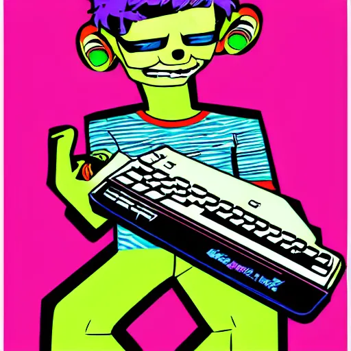 Image similar to a cartoon of a man holding a pink keyboard, cyberpunk art by Jamie Hewlett, tumblr contest winner, funk art, synthwave, retrowave, vaporwave