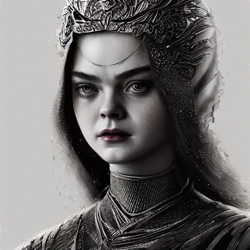 Prompt: head and shoulders portrait of modern darna, elle fanning in dark souls, intricate, elegant, dark vibes, highly detailed, digital painting, artstation, glamor pose, concept art, smooth, sharp focus, illustration, art by wlop, mars ravelo and greg rutkowski