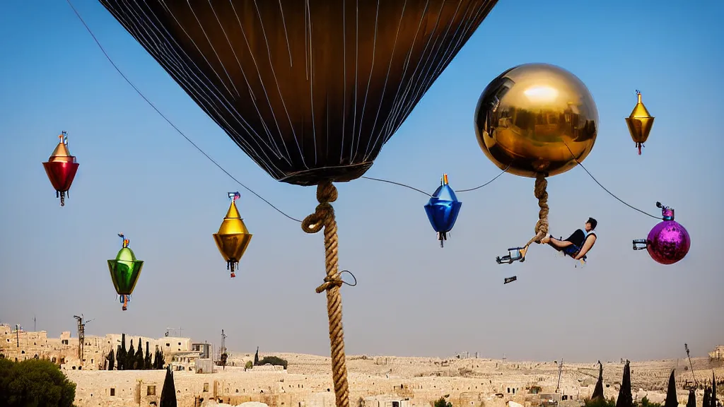 Prompt: large colorful futuristic space age metallic steampunk balloons with pipework and electrical wiring around the outside, and people on rope swings underneath, flying high over the beautiful jerusalem city landscape, professional photography, 8 0 mm telephoto lens, realistic, detailed, photorealistic, photojournalism