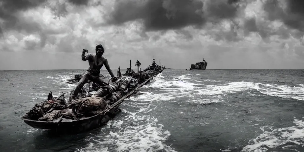 Image similar to sri lankan mad max style on boats, ocean, film still, epic shot cinematography, rule of thirds