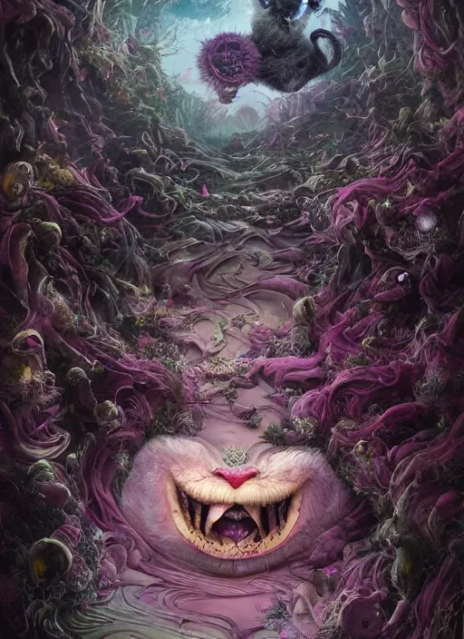 Image similar to cheshire cat, highly detailed, cinematic, 8 k, by megan duncanson, benjamin lacombe, stanley artgermm, tom bagshaw, craig mullins, carne griffiths, ayami kojima, beksinski, giger, trending on deviantart, hyper detailed, horror, full of colour