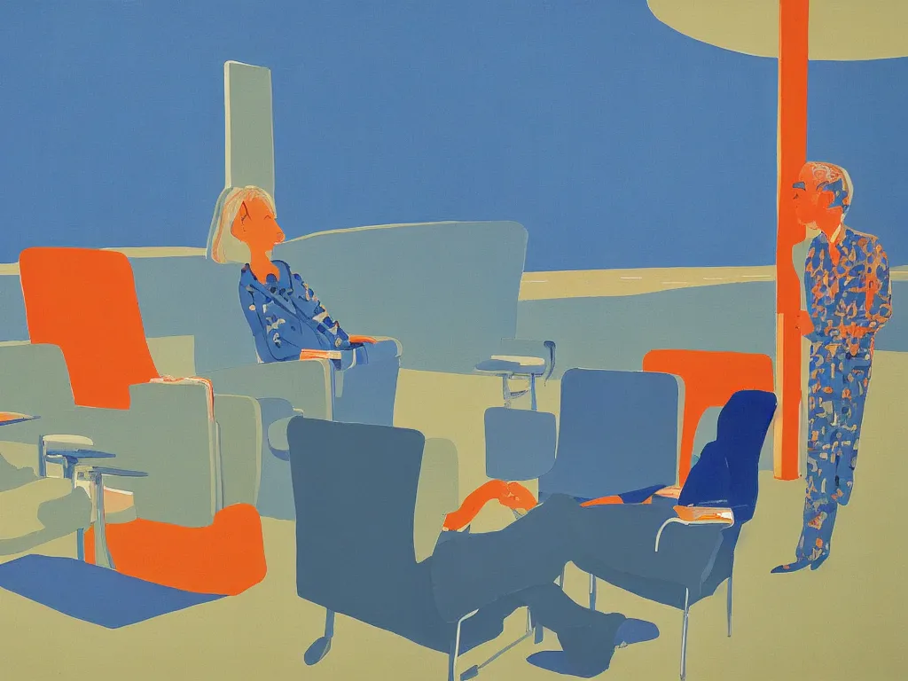 Image similar to sun setting in a airport lounge. tall, spacious, couple watching landed airplane. painting by david hockney