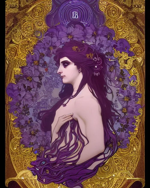 Prompt: thanatos, half-body, beautiful male god of death, closed eyes, long hair, wearing ornate violet clothes, gold jewelry, moon, by Alphonse Mucha, detailed face, symmetry, very intricate 4k, illustration