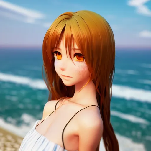 Image similar to Render of a very beautiful anime girl, long hair, hazel eyes, cute freckles, full round face, short smile, cute sundress, golden hour, serene beach setting, medium shot, mid-shot, highly detailed, trending on Artstation, Unreal Engine 4k