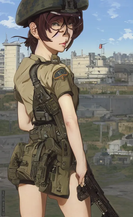 Prompt: portrait of a female soldier, highly detailed, high resolution, military camp in the background, genshin impact visual style, illustration, stunning, girls frontline style, bokeh soft, matte, 100mm, by professional photographer, hayao miyazaki, ilya kuvshinov, alphonse mucha, studio mappa, realistic human anatomy, realistic military carrier, modern warfare, realistic weapon, shot with a arriflex 35 ii, low saturation, small eyes