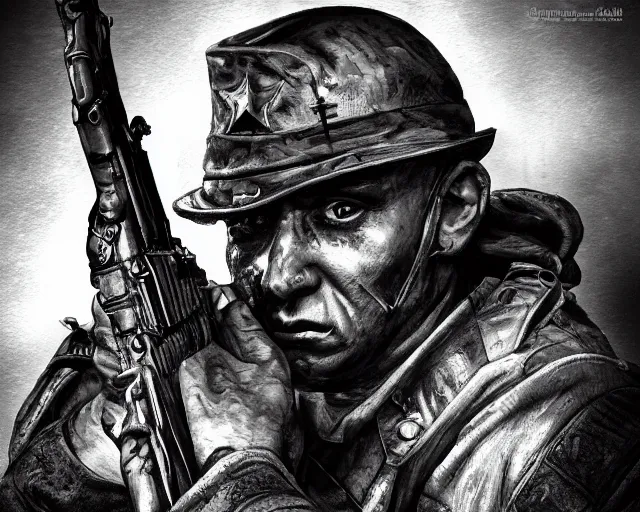 Image similar to A soldier aiming a gun with a hateful face, world war 1, close-up, realistic face, beautiful face detail, mature facial features, black and white, amazing digital art, hyper detailed, artstation, in the style of Tony Sart